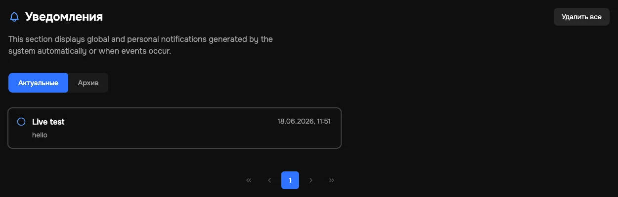 Раздел Notifications с текущими непрочитанными и архивированными уведомлениями